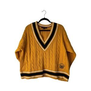 Tommy Hilfiger Sweater Size Large Yellow Varsity Cable Knit V-Neck Chunky Preppy